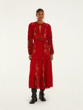 Farm Rio Red Embroidered Long-Sleeve Midi Dress